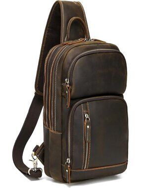 Men's Brown Full Grain Leather Sling Chest Daypack 12.9 Inch iPad Crossbody Bag